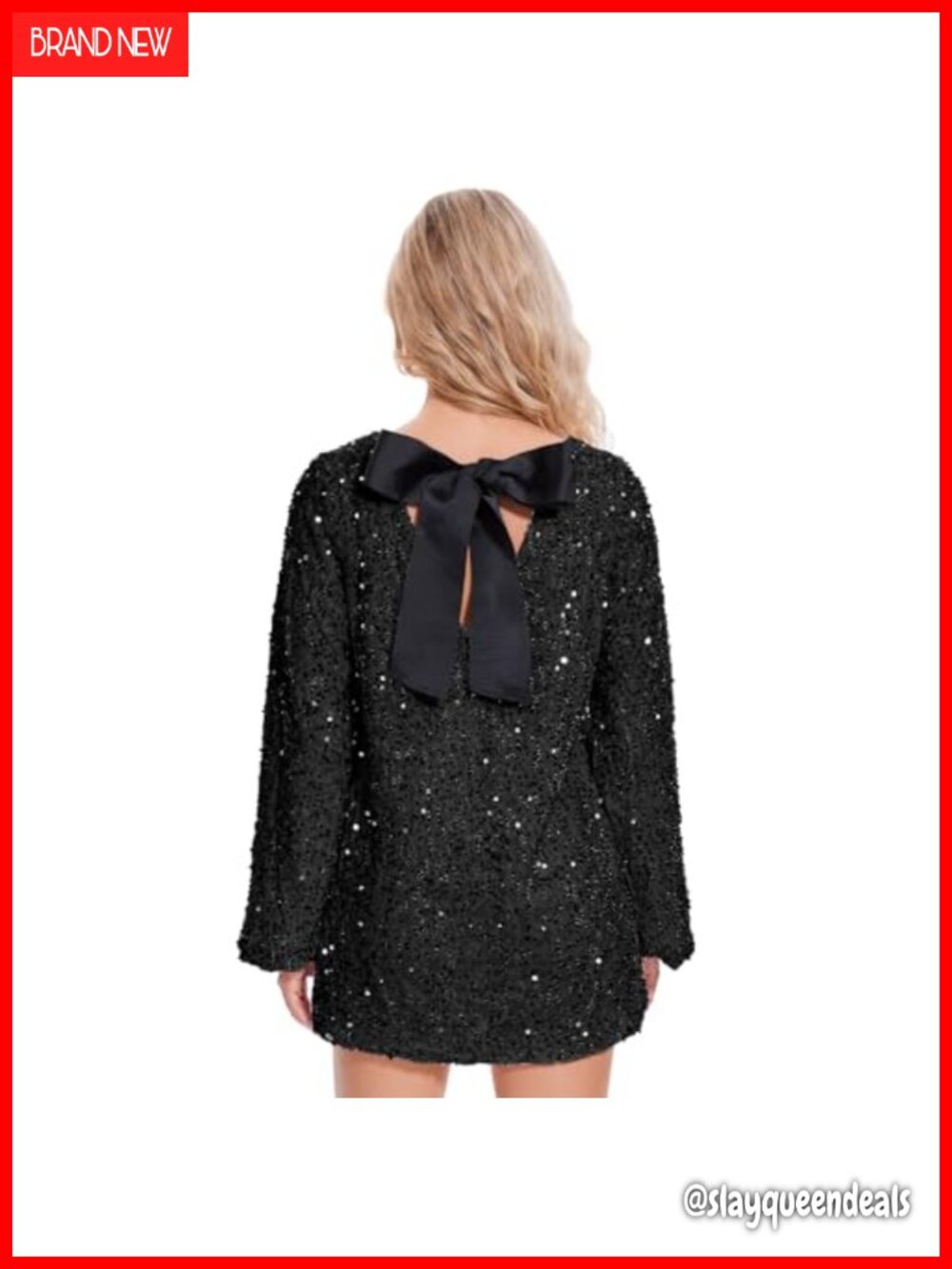 Sequin Mini Dress with Bow Tie Back Long Sleeve A-Line Party Night Out